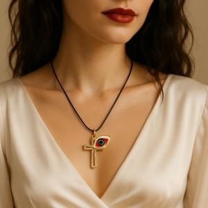 Zirkon taşlı mineli nazar haç kolye – el yapımı, sade ve zarif tasarım